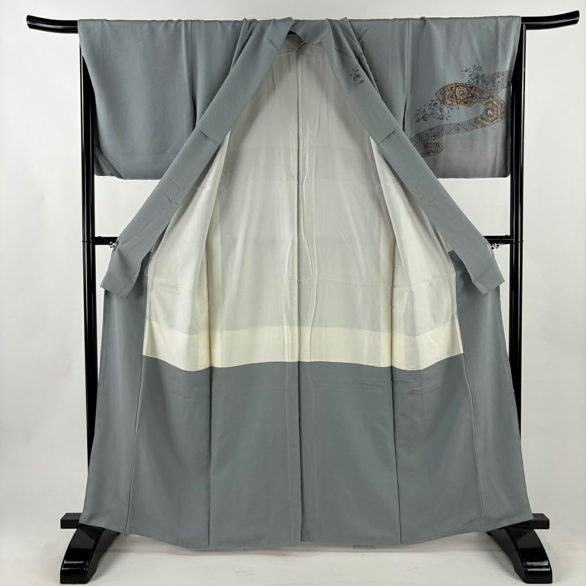 訪問服 身長162.5cm 袖長66.5cm M 雙層 大和 扇子面 華紋 刺繡 金絲 青灰色 純蠶絲 秀品級