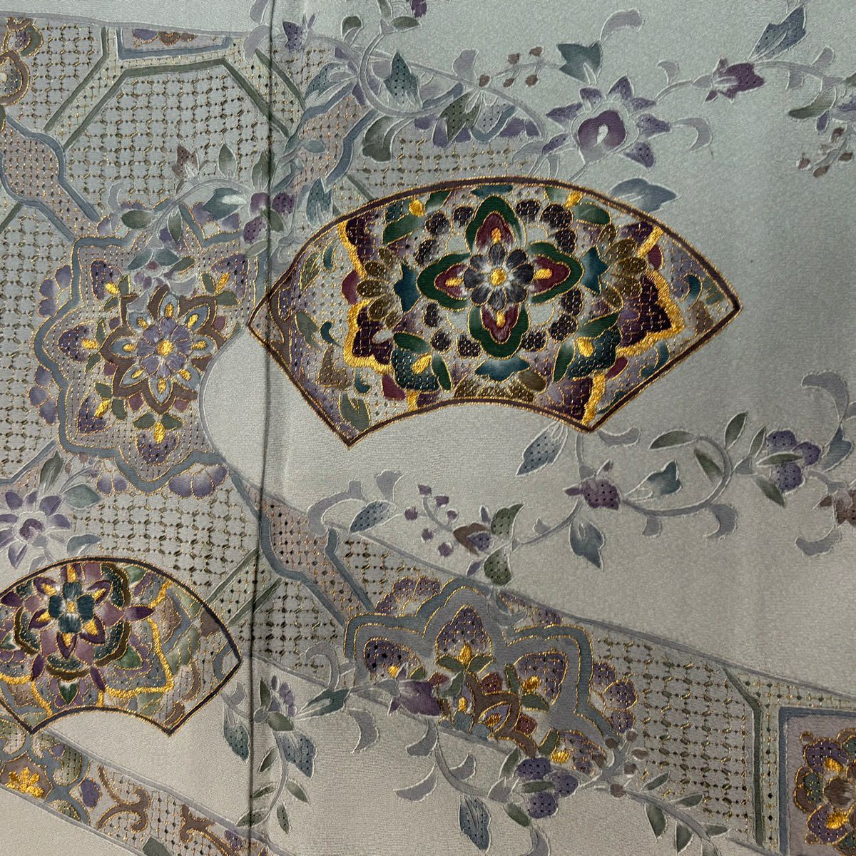 訪問服 身長162.5cm 袖長66.5cm M 雙層 大和 扇子面 華紋 刺繡 金絲 青灰色 純蠶絲 秀品級