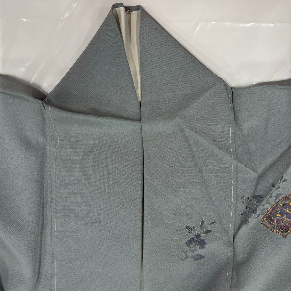 訪問服 身長162.5cm 袖長66.5cm M 雙層 大和 扇子面 華紋 刺繡 金絲 青灰色 純蠶絲 秀品級