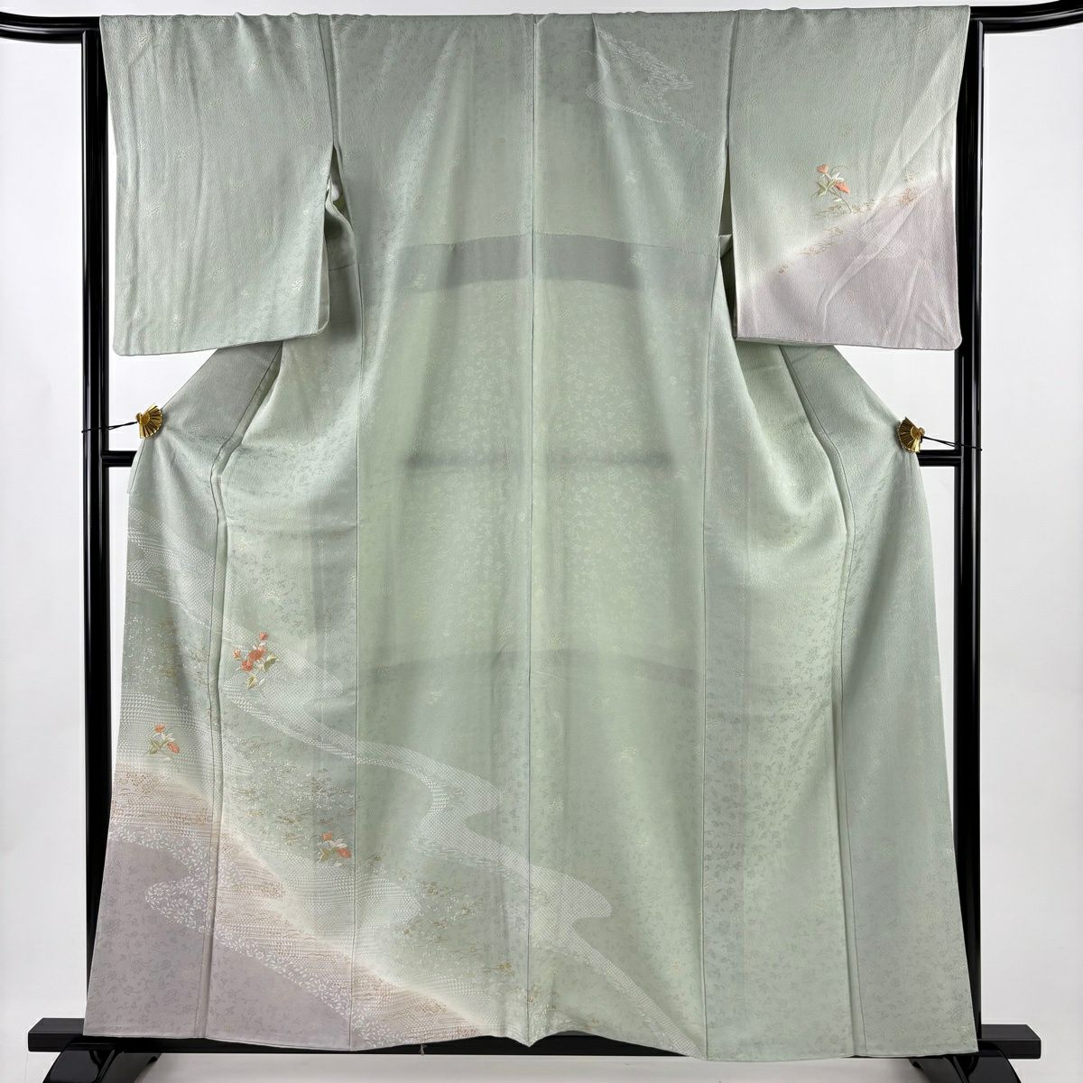 訪問服 身長159.5cm 袖長65cm M 雙層 草花紋紋 流水刺繡 漸層 灰綠 純蠶絲 秀品級