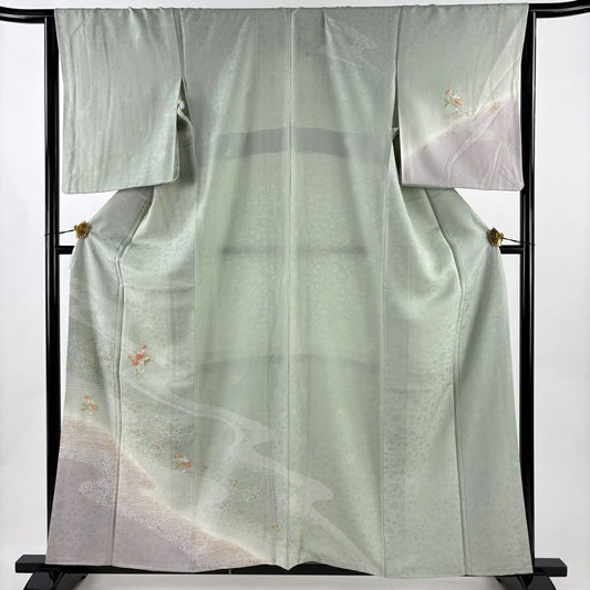 訪問服 身長159.5cm 袖長65cm M 雙層 草花紋紋 流水刺繡 漸層 灰綠 純蠶絲 秀品級