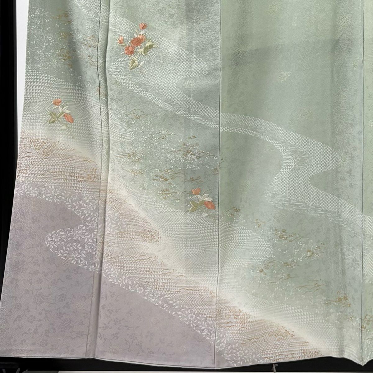 訪問服 身長159.5cm 袖長65cm M 雙層 草花紋紋 流水刺繡 漸層 灰綠 純蠶絲 秀品級