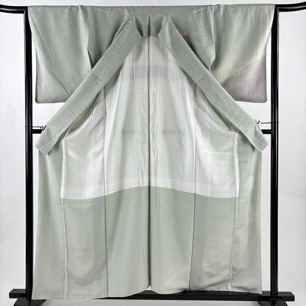 訪問服 身長159.5cm 袖長65cm M 雙層 草花紋紋 流水刺繡 漸層 灰綠 純蠶絲 秀品級