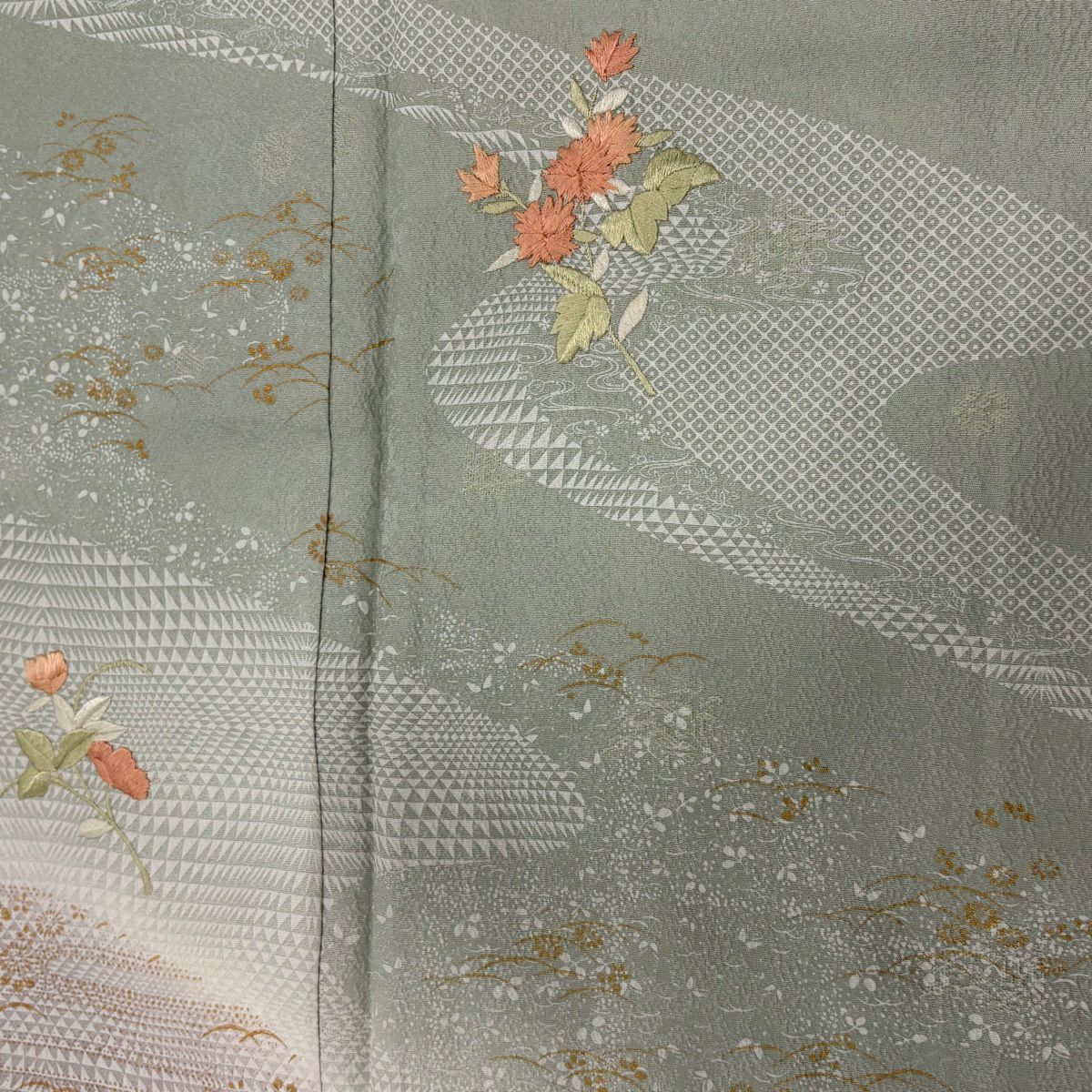 訪問服 身長159.5cm 袖長65cm M 雙層 草花紋紋 流水刺繡 漸層 灰綠 純蠶絲 秀品級