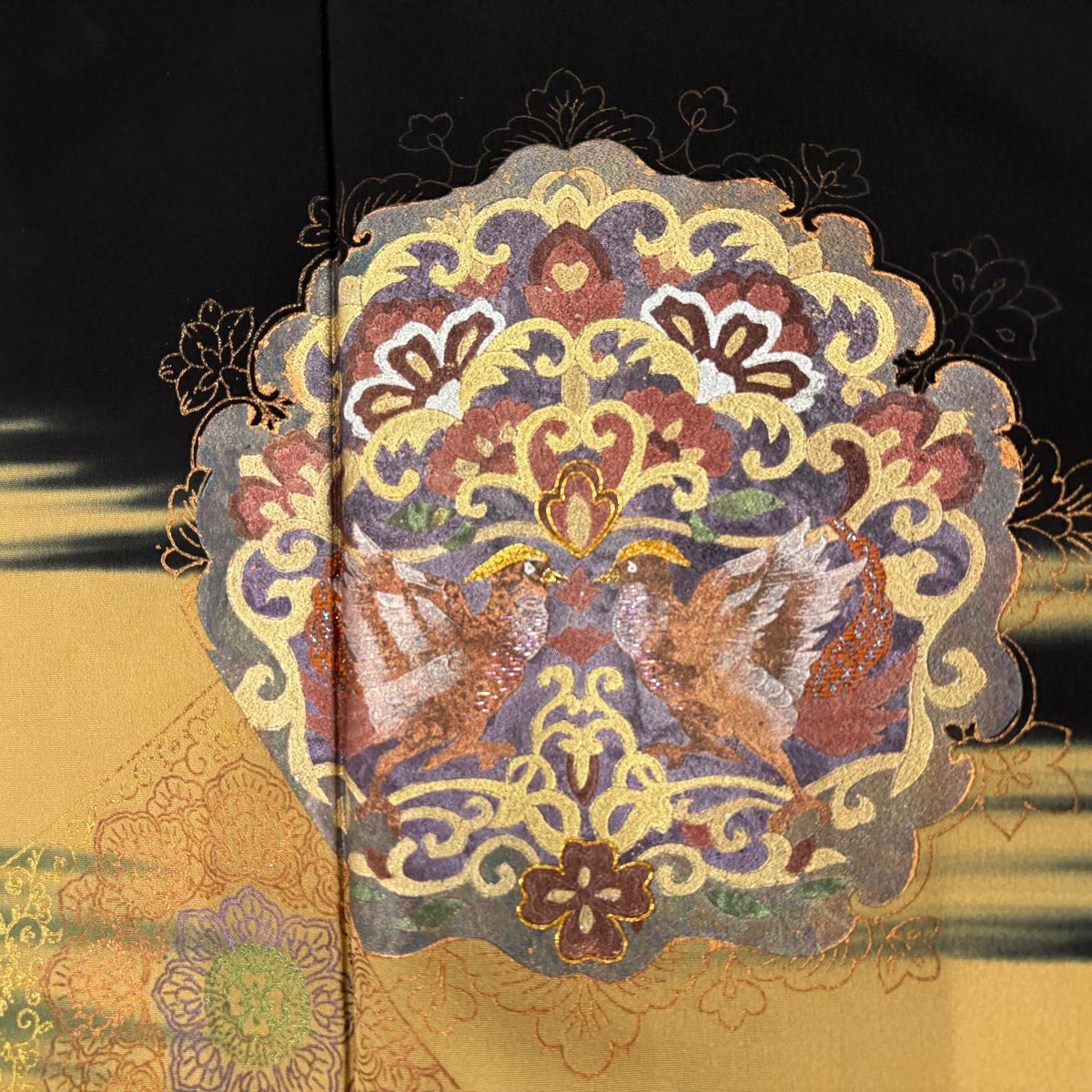 黑留袖禮服 身長159cm 袖長65cm M 雙層 向鳥 華紋 金銀彩 金絲 黑 純蠶絲 秀品級
