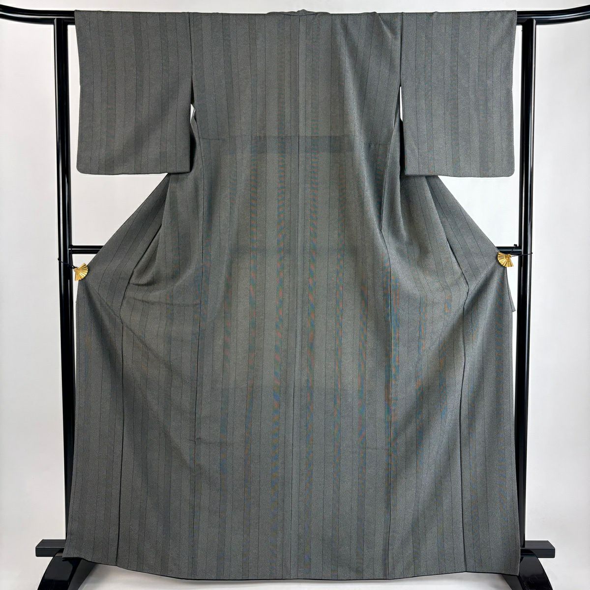 【美品】 小紋 身長166cm 袖長62cm S 雙層 縱條 鮫 灰色 化纖 秀品級