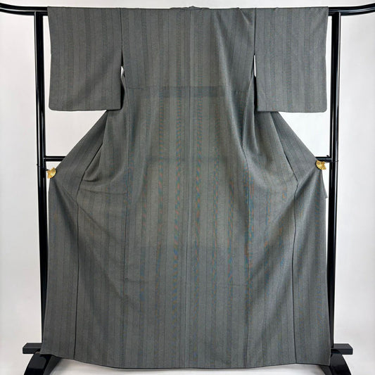 【美品】 小紋 身長166cm 袖長62cm S 雙層 縱條 鮫 灰色 化纖 秀品級