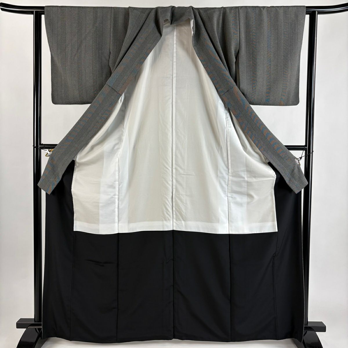 【美品】 小紋 身長166cm 袖長62cm S 雙層 縱條 鮫 灰色 化纖 秀品級