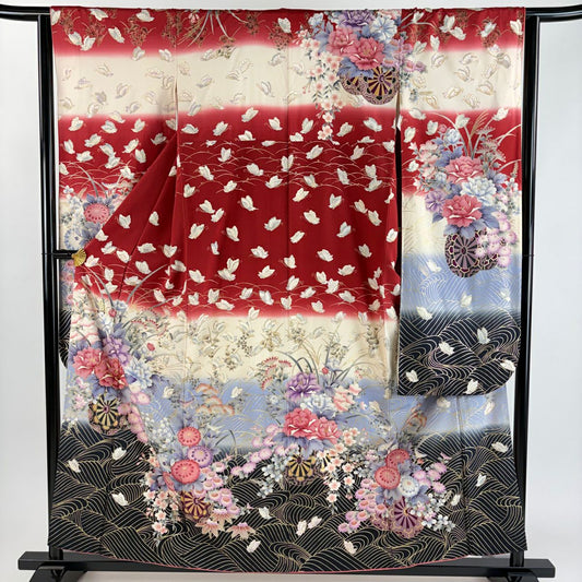 振袖禮服 身長158cm 袖長64cm M 雙層 花車 波 金絲 金銀彩 紅 純蠶絲 秀品級