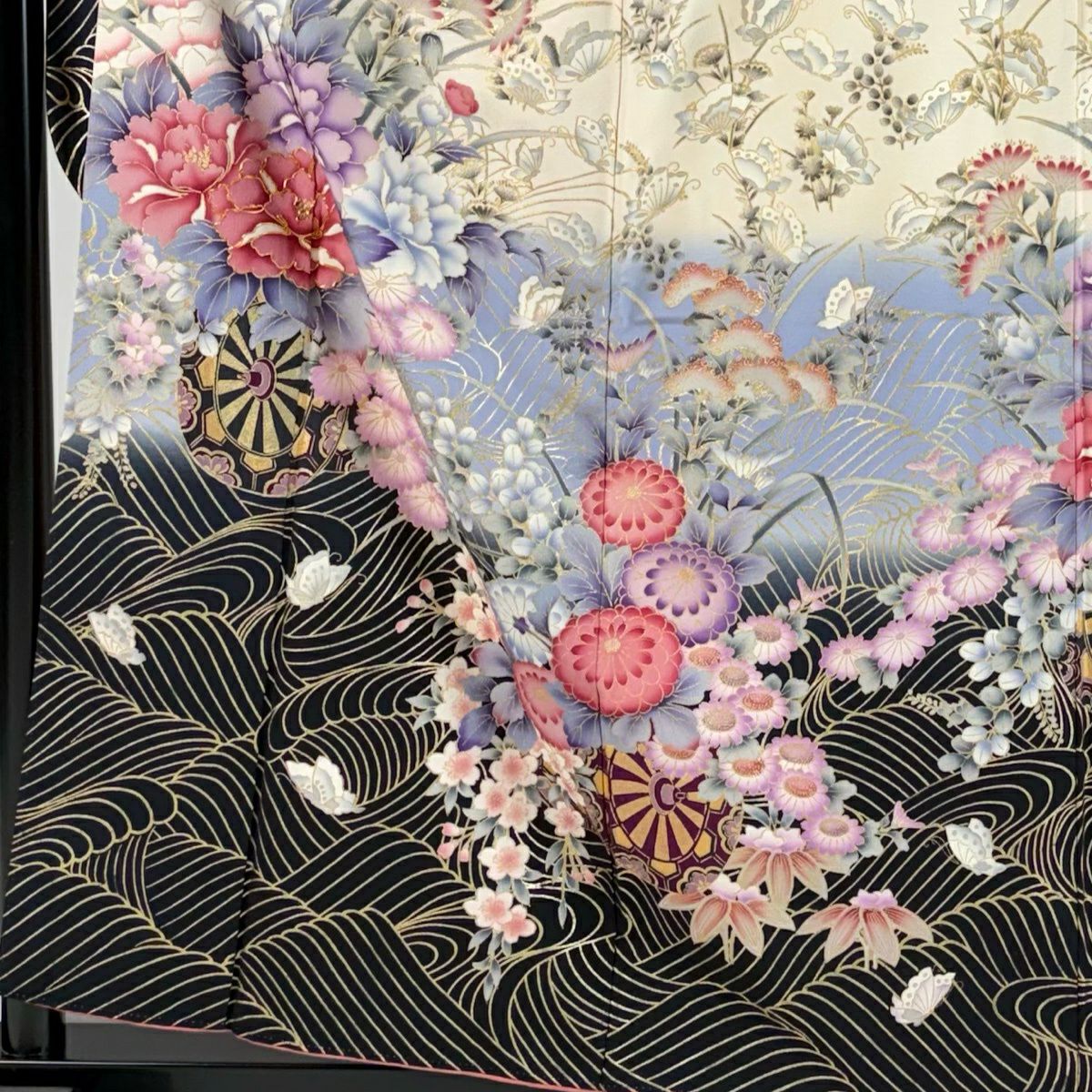 振袖禮服 身長158cm 袖長64cm M 雙層 花車 波 金絲 金銀彩 紅 純蠶絲 秀品級