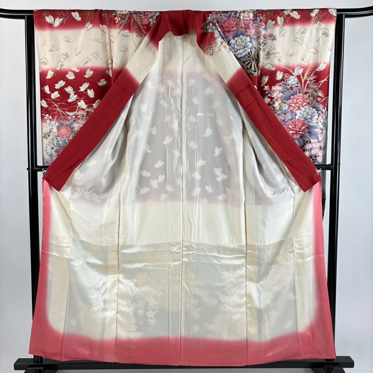 振袖禮服 身長158cm 袖長64cm M 雙層 花車 波 金絲 金銀彩 紅 純蠶絲 秀品級