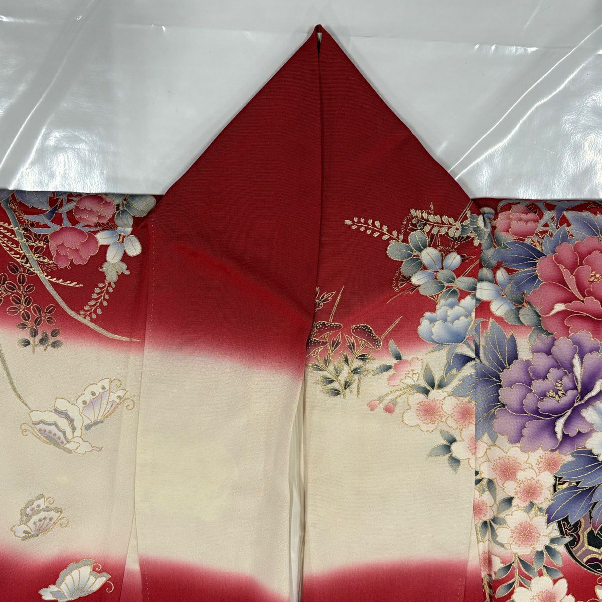 振袖禮服 身長158cm 袖長64cm M 雙層 花車 波 金絲 金銀彩 紅 純蠶絲 秀品級