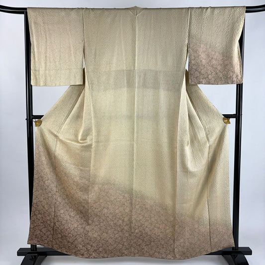 【美品】 付下 身長160cm 袖長66.5cm M 雙層 草花紋紋 絞染 漸層 米色 純蠶絲 優品級