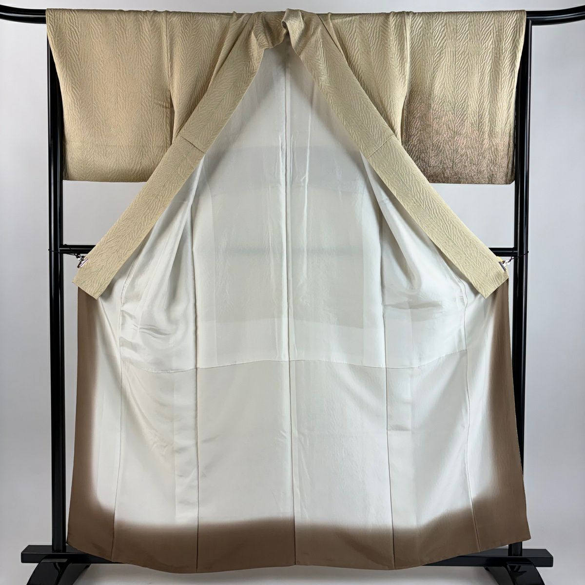 【美品】 付下 身長160cm 袖長66.5cm M 雙層 草花紋紋 絞染 漸層 米色 純蠶絲 優品級