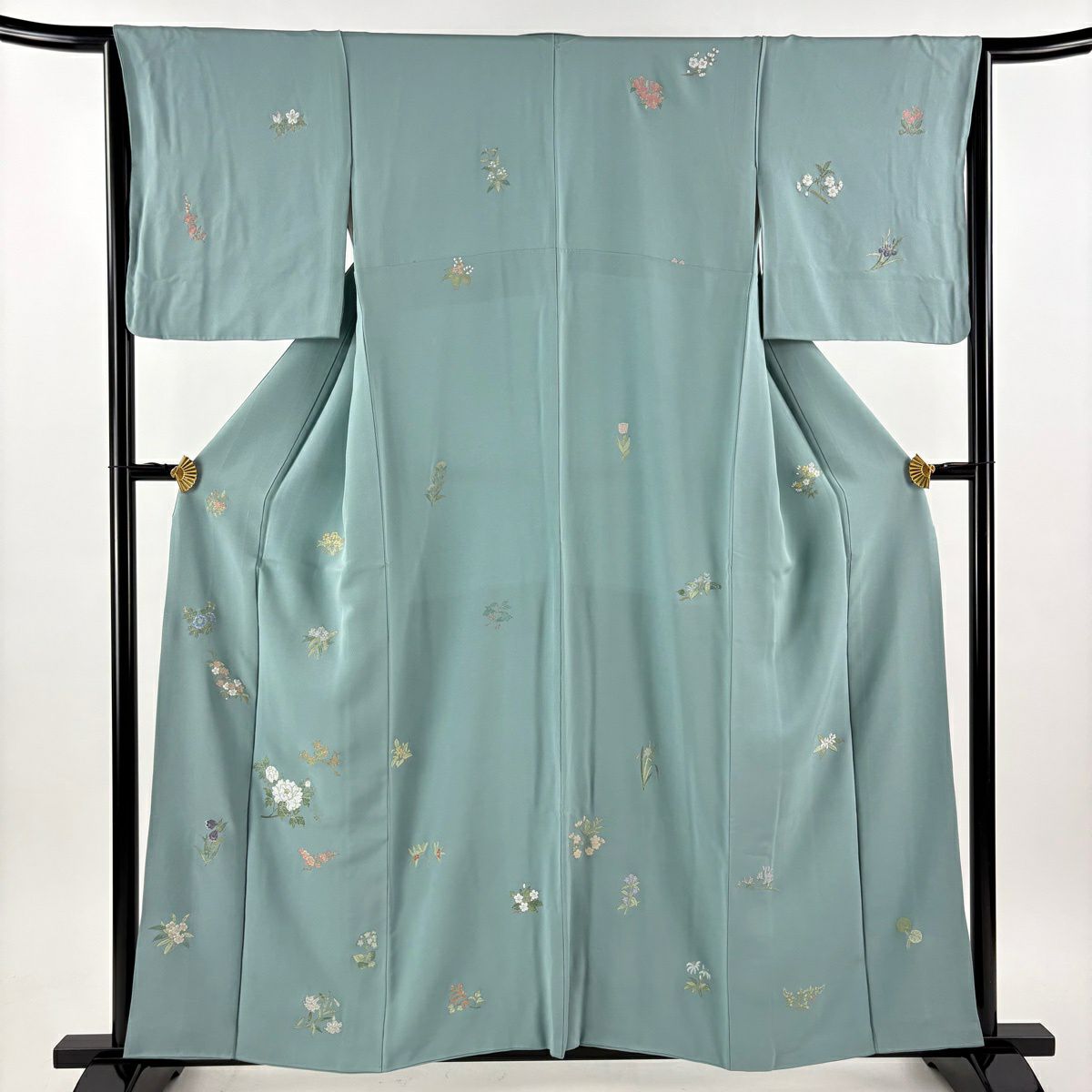 付下 身長157cm 袖長65cm M 雙層 枝花 草花紋 金糸 灰綠 純蠶絲 秀品級
