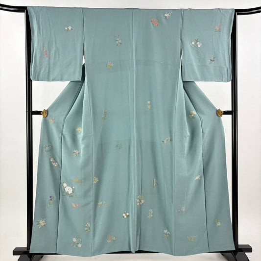 付下 身長157cm 袖長65cm M 雙層 枝花 草花紋 金糸 灰綠 純蠶絲 秀品級