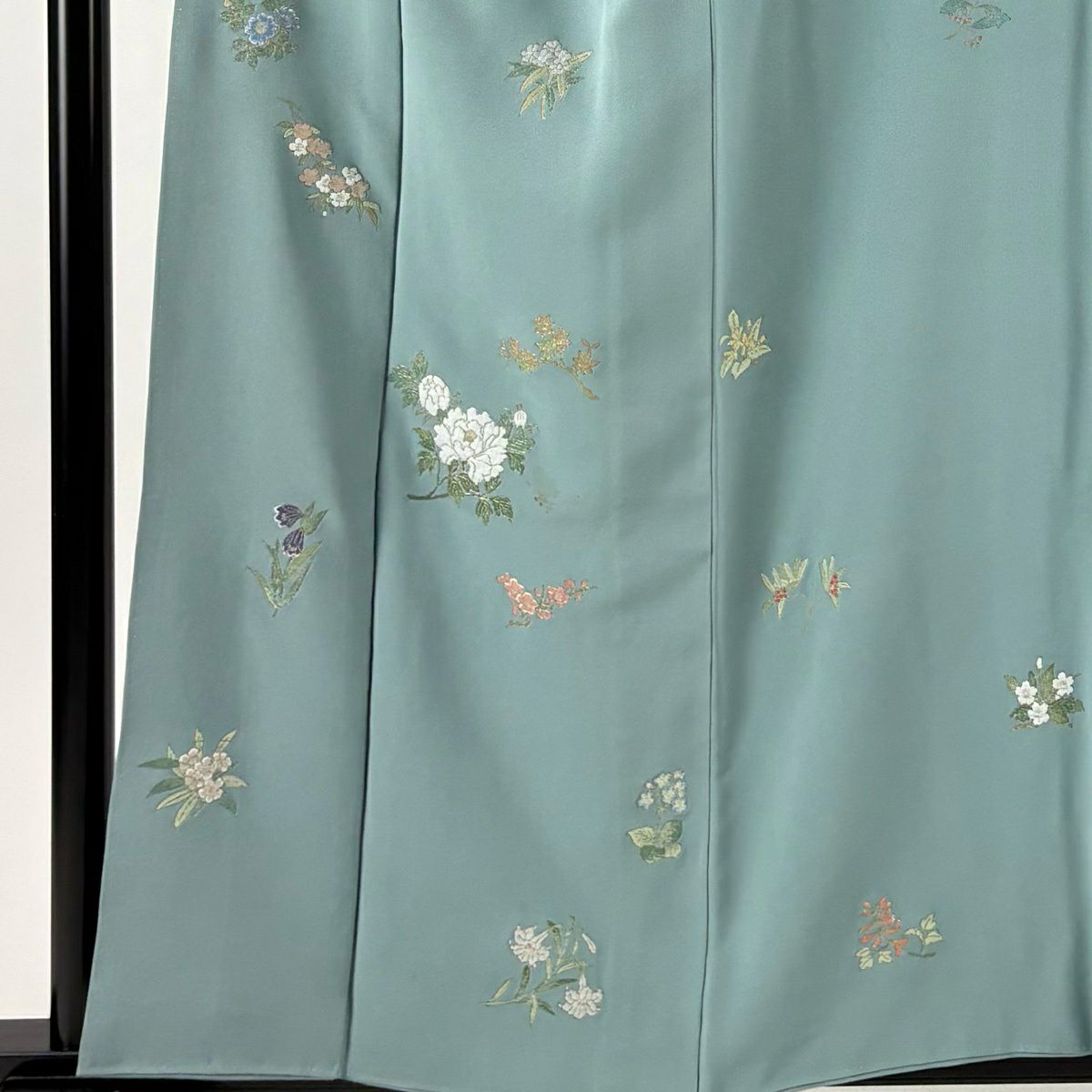 付下 身長157cm 袖長65cm M 雙層 枝花 草花紋 金糸 灰綠 純蠶絲 秀品級