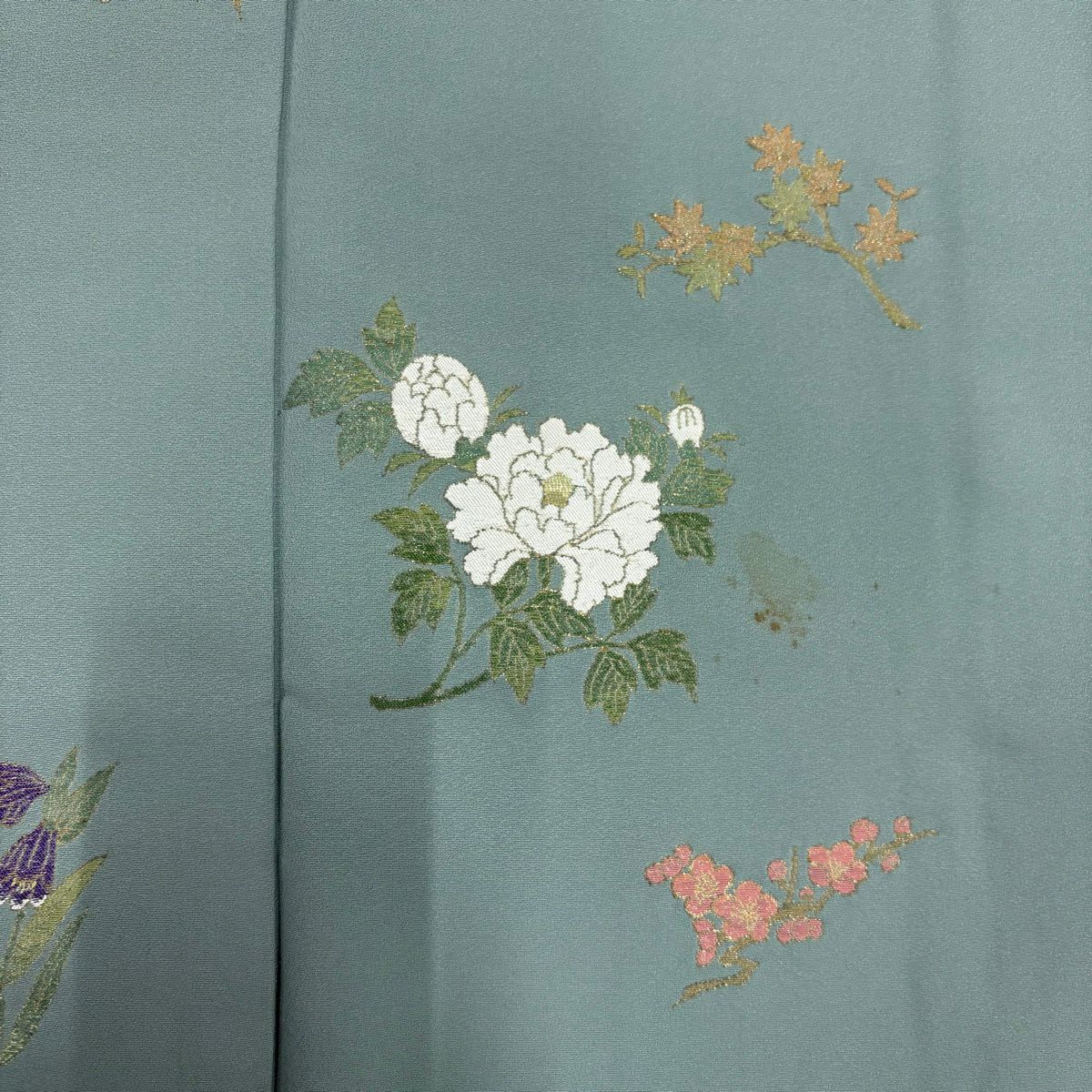 付下 身長157cm 袖長65cm M 雙層 枝花 草花紋 金糸 灰綠 純蠶絲 秀品級