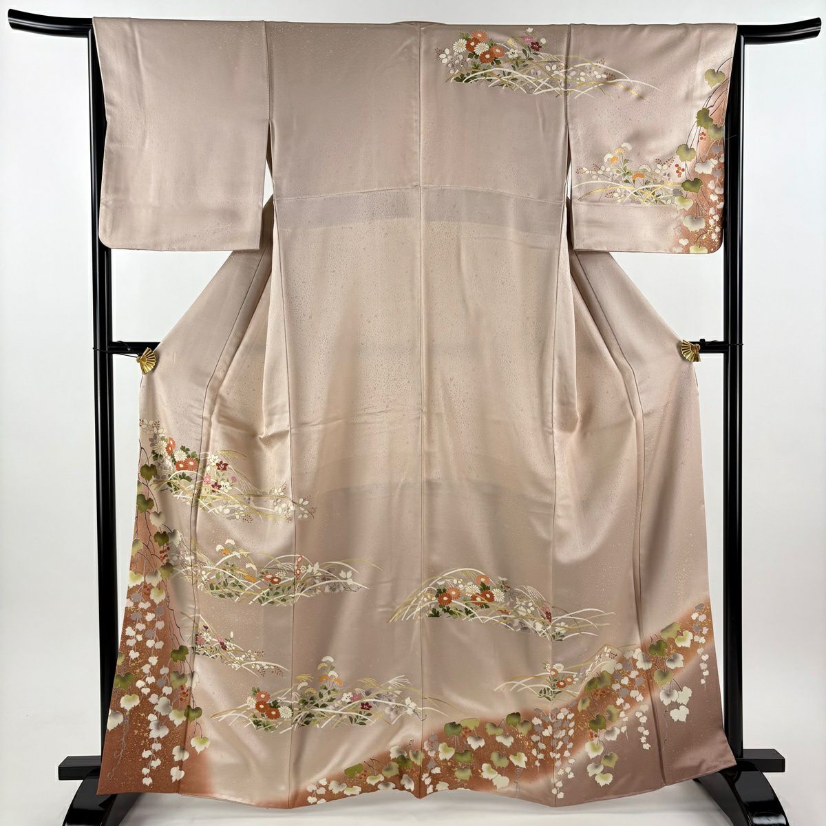 訪問服 身長164cm 袖長64.5cm M 雙層 秋草 葡萄 金絲 金銀彩 粉米色 純蠶絲 優品級