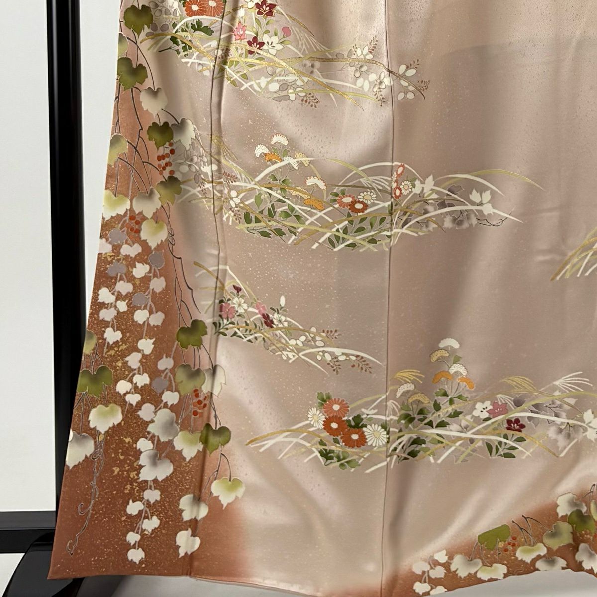 訪問服 身長164cm 袖長64.5cm M 雙層 秋草 葡萄 金絲 金銀彩 粉米色 純蠶絲 優品級