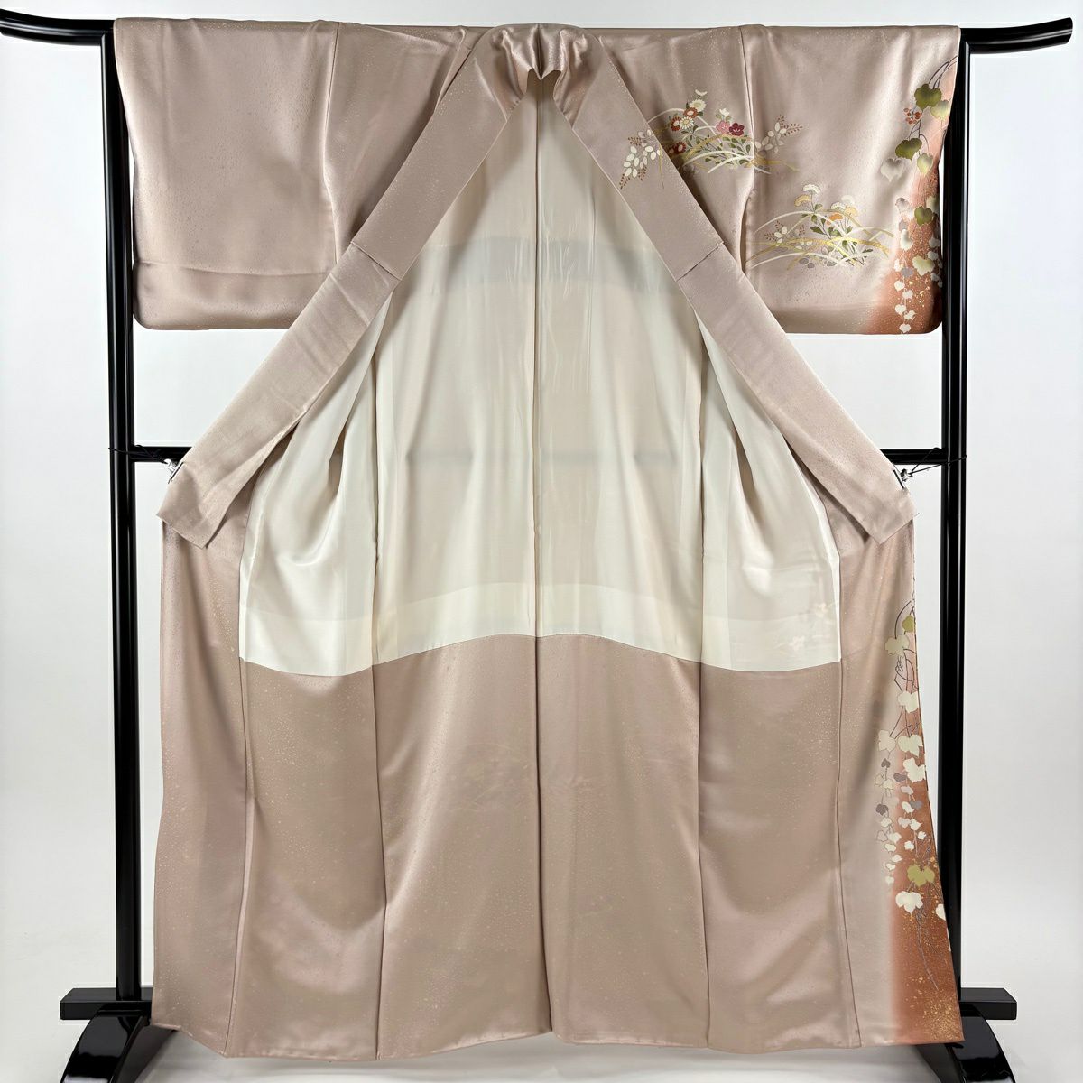 訪問服 身長164cm 袖長64.5cm M 雙層 秋草 葡萄 金絲 金銀彩 粉米色 純蠶絲 優品級