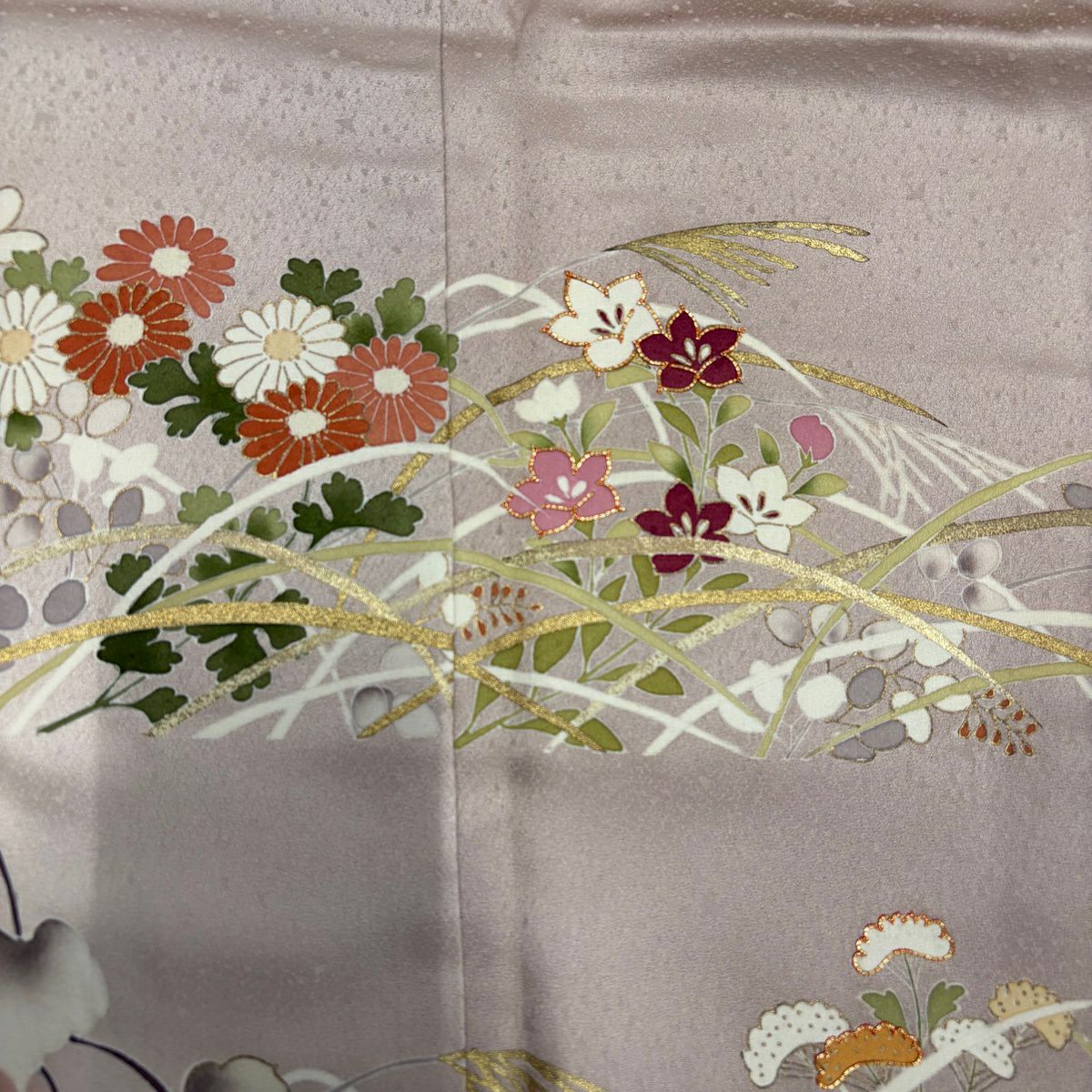 訪問服 身長164cm 袖長64.5cm M 雙層 秋草 葡萄 金絲 金銀彩 粉米色 純蠶絲 優品級