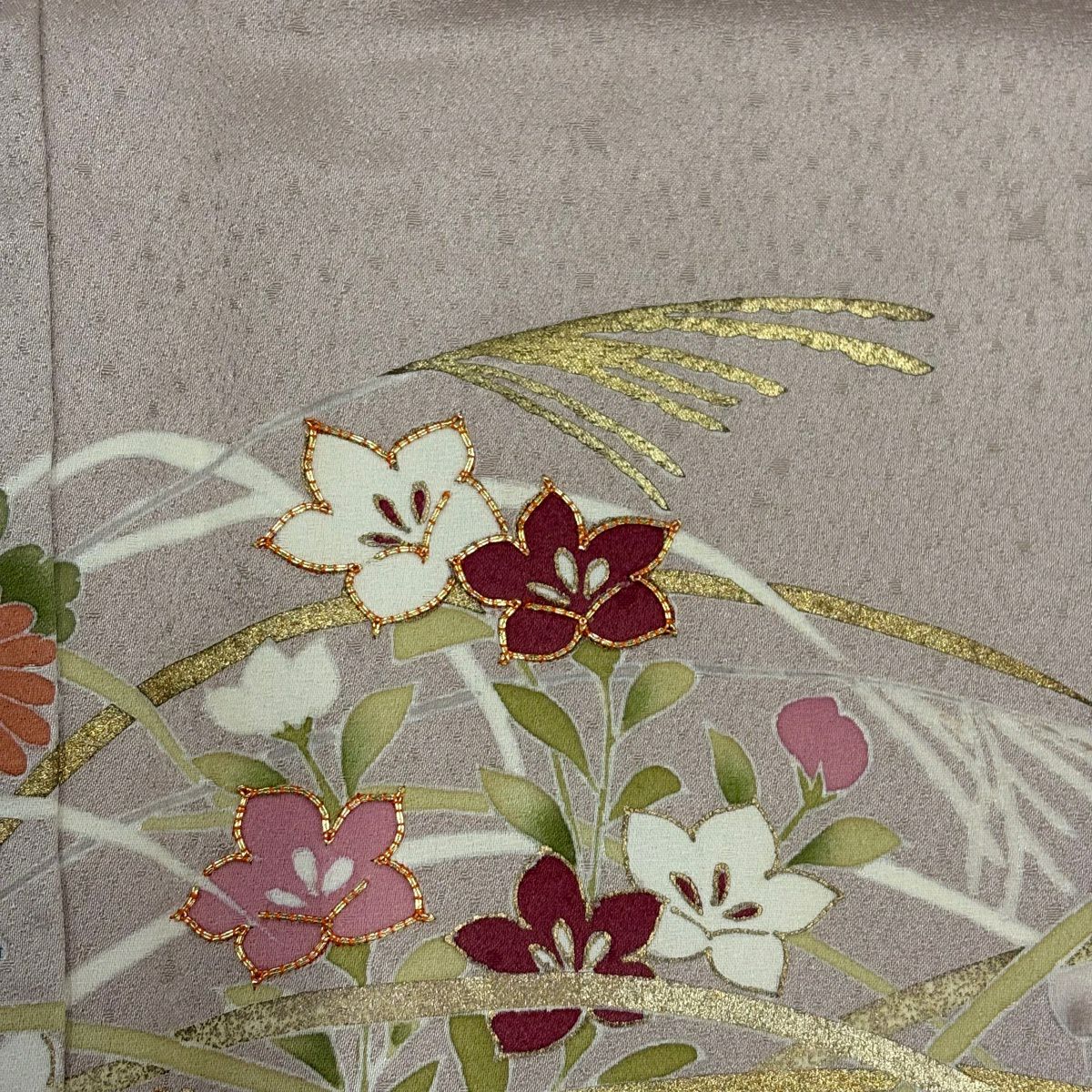訪問服 身長164cm 袖長64.5cm M 雙層 秋草 葡萄 金絲 金銀彩 粉米色 純蠶絲 優品級