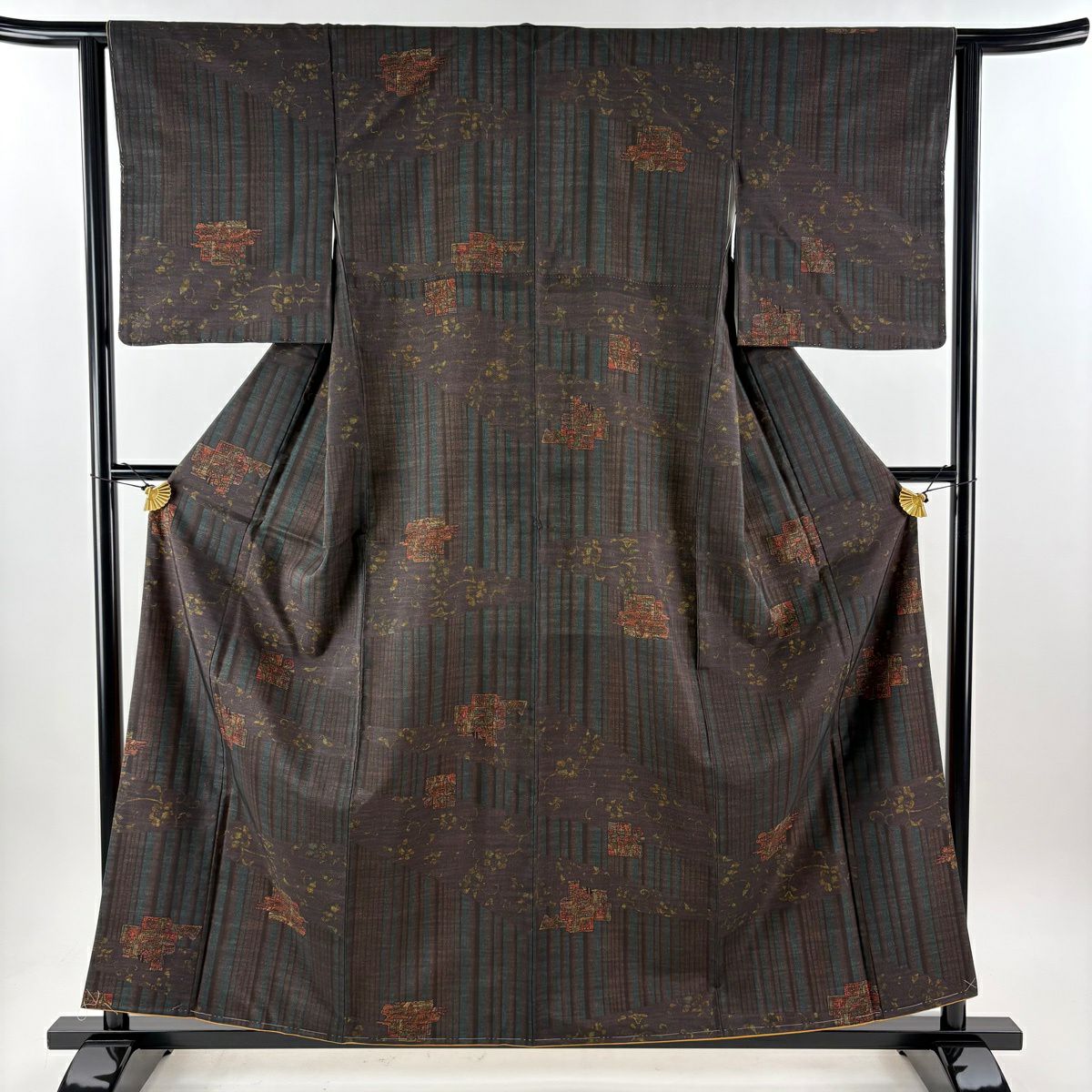 【美品】 紬織 身長159cm 袖長62cm S 雙層 套裝 縞花唐草紋 焦茶 純蠶絲 秀品級