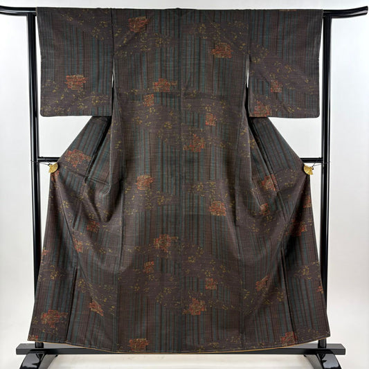 【美品】 紬織 身長159cm 袖長62cm S 雙層 套裝 縞花唐草紋 焦茶 純蠶絲 秀品級