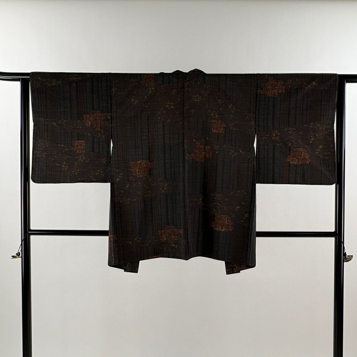 【美品】 紬織 身長159cm 袖長62cm S 雙層 套裝 縞花唐草紋 焦茶 純蠶絲 秀品級