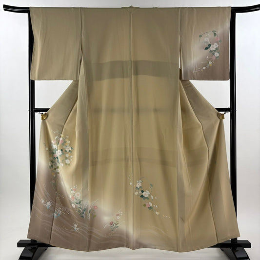 【美品】 付下 身長160cm 袖長64cm M 雙層 落款 草花紋 紋 流水 染分 ぼかし 米色 純蠶絲 秀品級