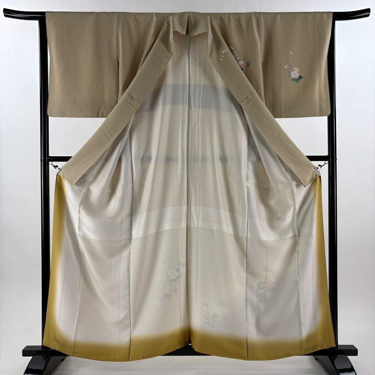【美品】 付下 身長160cm 袖長64cm M 雙層 落款 草花紋 紋 流水 染分 ぼかし 米色 純蠶絲 秀品級