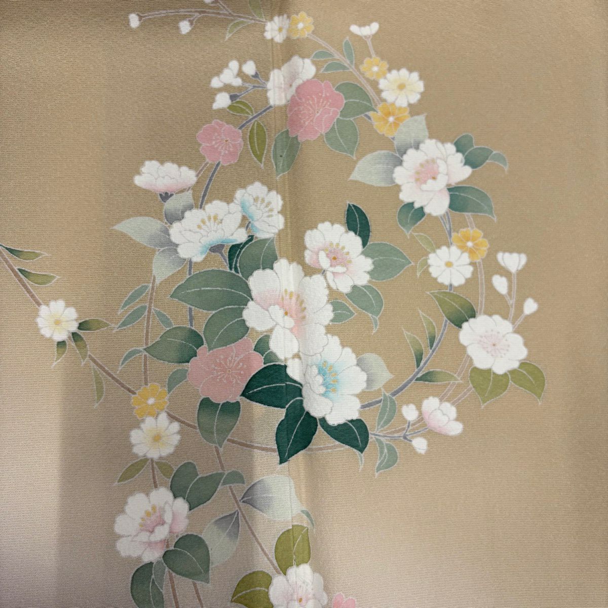 【美品】 付下 身長160cm 袖長64cm M 雙層 落款 草花紋 紋 流水 染分 ぼかし 米色 純蠶絲 秀品級