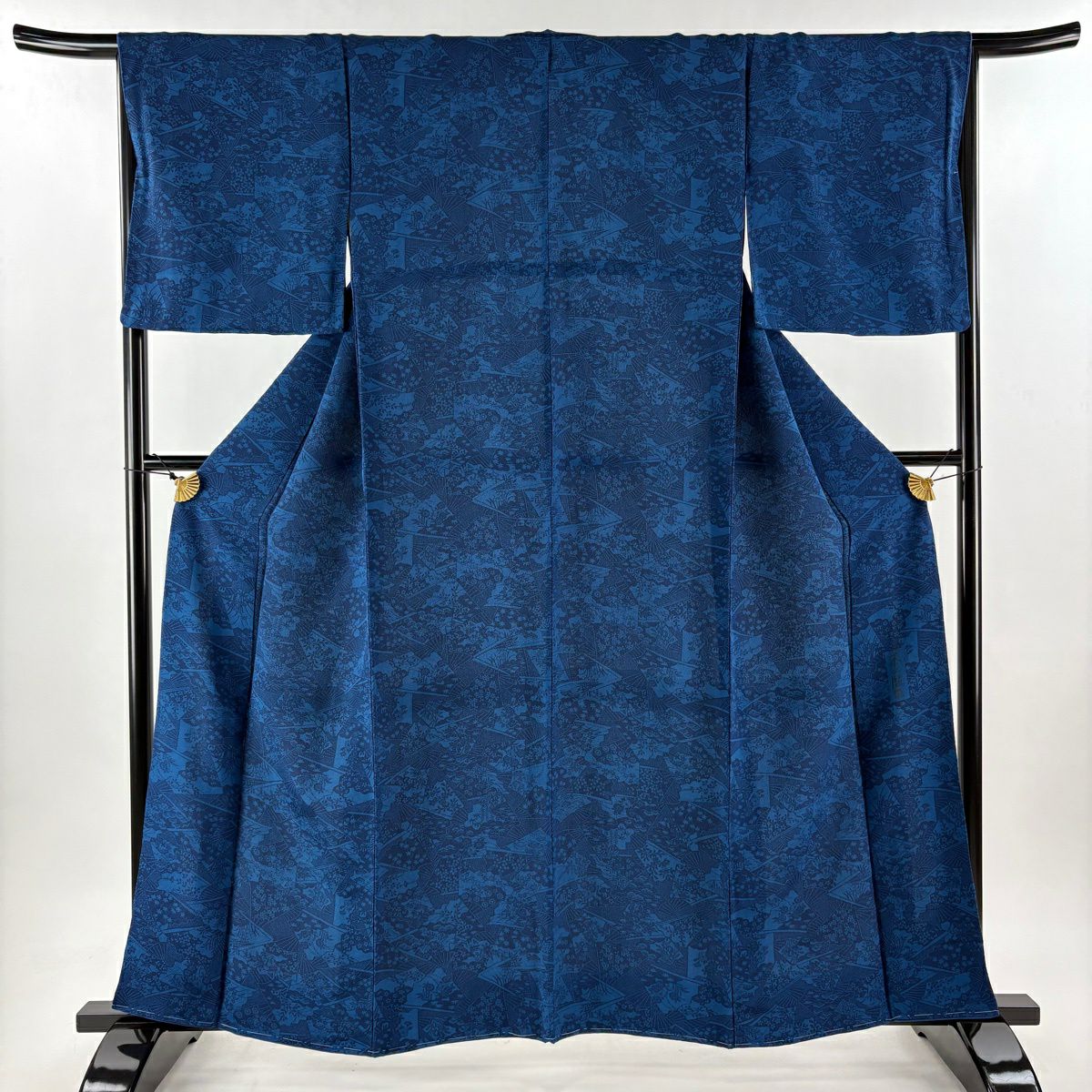【美品】 小紋 身長159.5cm 袖長66.5cm M 雙層 落款あり 扇子 草花紋紋 絞織 深藍 純蠶絲 秀品級