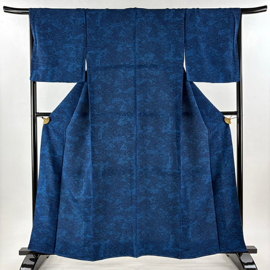 【美品】 小紋 身長159.5cm 袖長66.5cm M 雙層 落款あり 扇子 草花紋紋 絞織 深藍 純蠶絲 秀品級