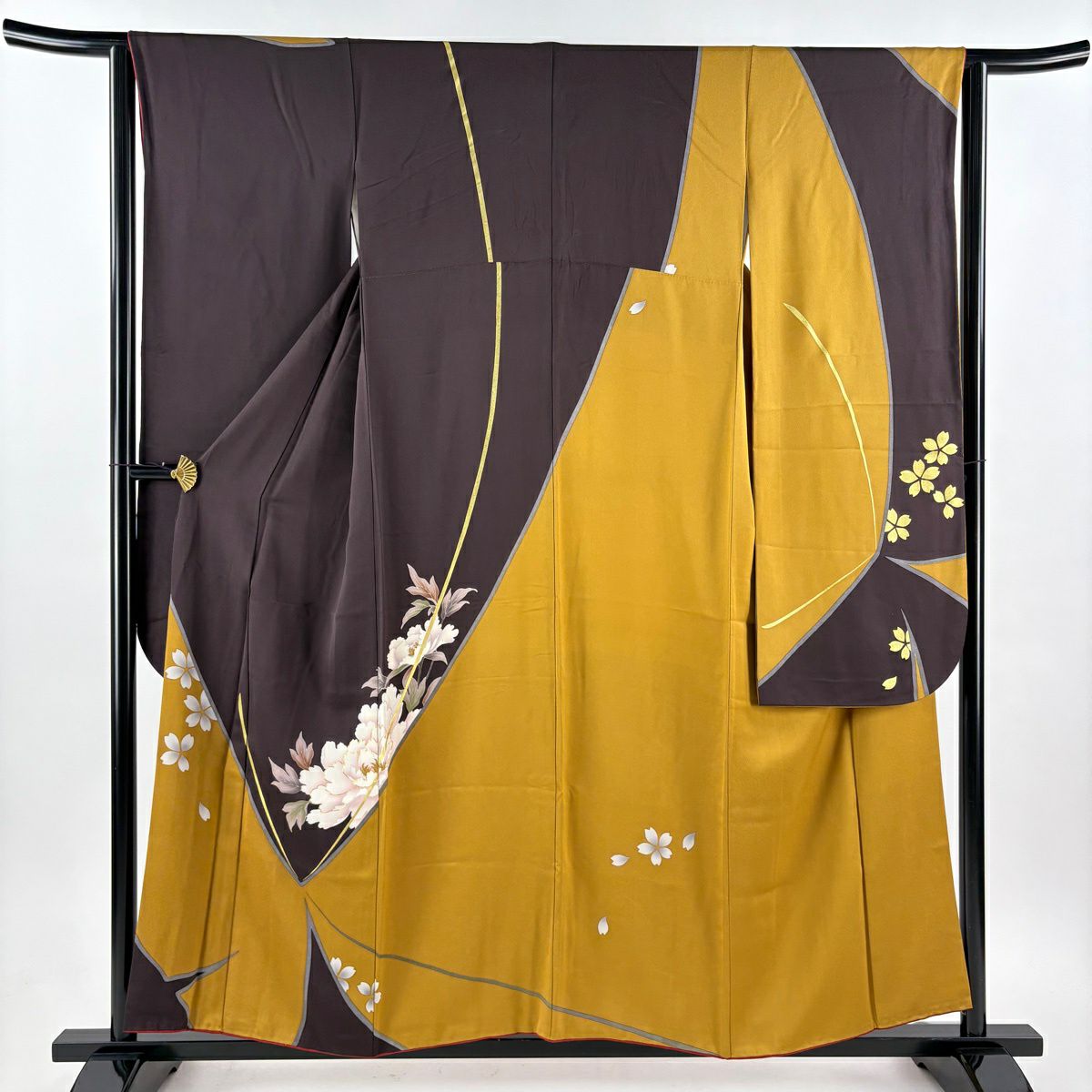 振袖禮服 身長156cm 袖長63cm S 雙層 牡丹 蝶 金絲 金銀彩 深紫 純蠶絲 秀品級