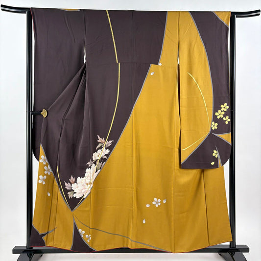 振袖禮服 身長156cm 袖長63cm S 雙層 牡丹 蝶 金絲 金銀彩 深紫 純蠶絲 秀品級