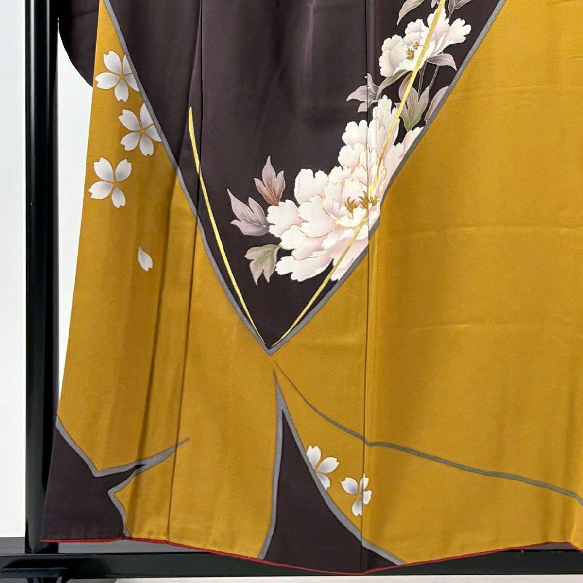 振袖禮服 身長156cm 袖長63cm S 雙層 牡丹 蝶 金絲 金銀彩 深紫 純蠶絲 秀品級