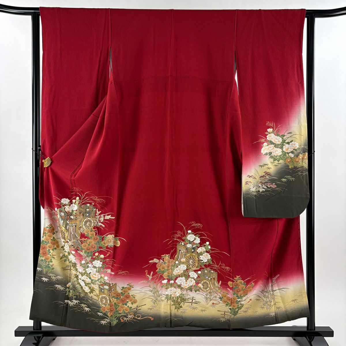 振袖禮服 身長155cm 袖長63cm S 雙層 御所車 草花紋紋 金銀彩 漸層 紅 純蠶絲 優品級