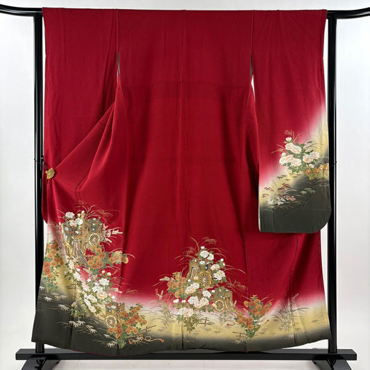 振袖禮服 身長155cm 袖長63cm S 雙層 御所車 草花紋紋 金銀彩 漸層 紅 純蠶絲 優品級