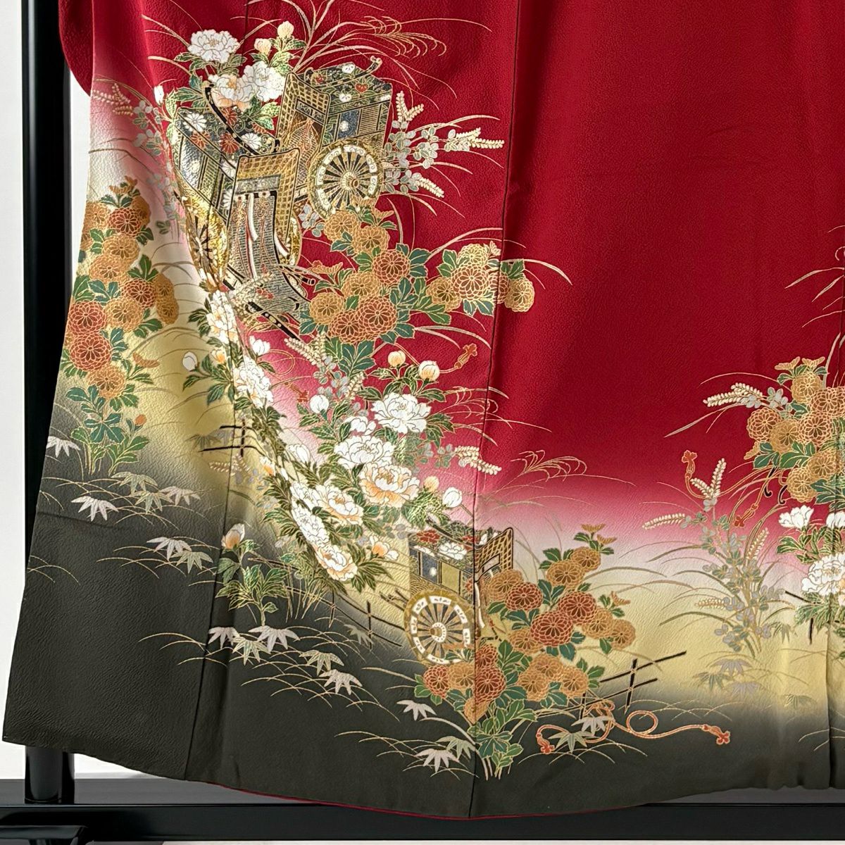 振袖禮服 身長155cm 袖長63cm S 雙層 御所車 草花紋紋 金銀彩 漸層 紅 純蠶絲 優品級