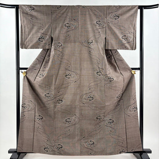 大島紬織 身長162.5cm 袖長61.5cm S 雙層 純泥染 證書あり 扇子面 組紐 焦茶 正蠶絲 秀品級