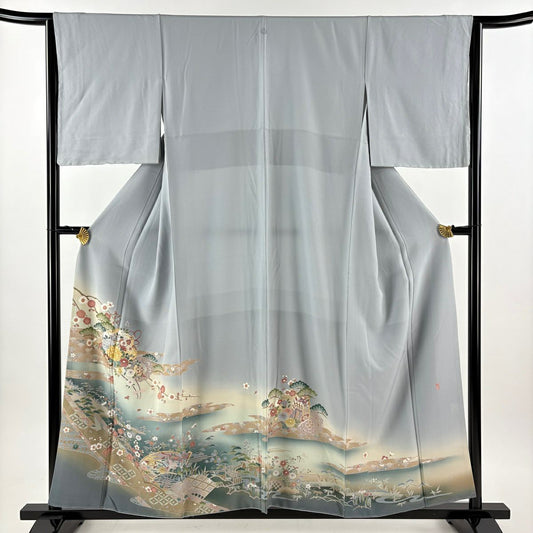 色留袖禮服 身長157cm 袖長63.5cm S 雙層 落款あり 松樹竹子梅花 花車 金糸 金銀彩 青灰 純蠶絲 秀品級 一つ紋