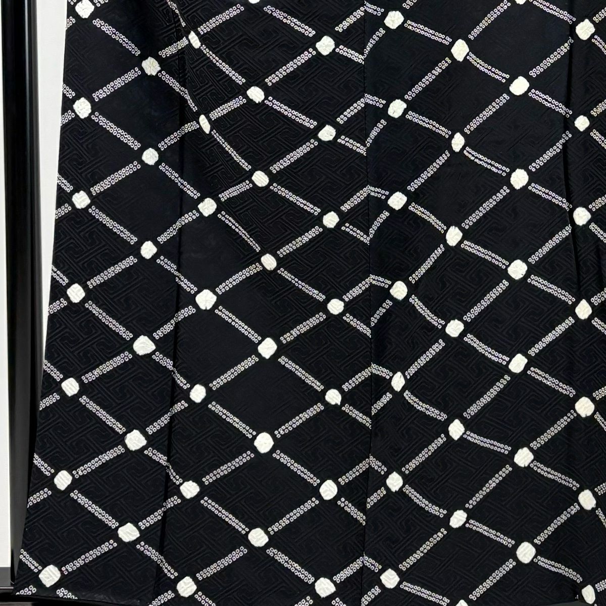 小紋 身長160cm 袖長65.5cm M 雙層 格子 絞染 黑 純蠶絲 秀品級