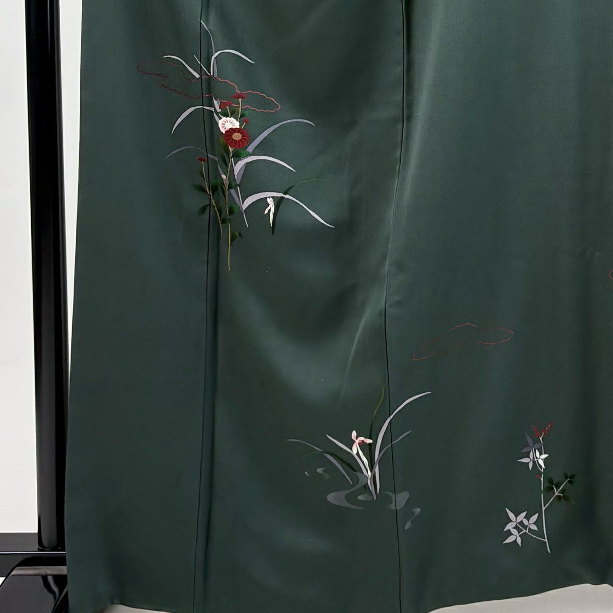 付下 身長163cm 袖長65.5cm M 雙層 草花紋紋 雲文 深綠 純蠶絲 秀品級