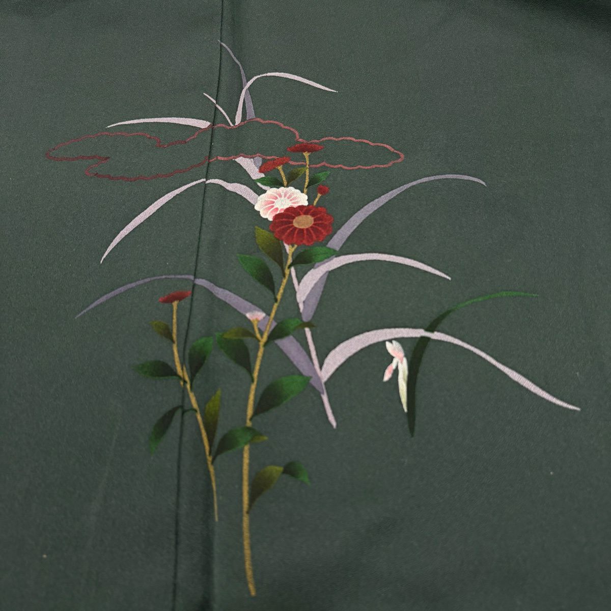 付下 身長163cm 袖長65.5cm M 雙層 草花紋紋 雲文 深綠 純蠶絲 秀品級