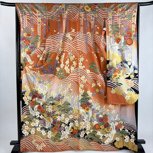 【美品】振袖禮服 身長168cm 袖長66cm M 雙層 仙鶴 菊花 金絲 金銀彩 橙色 純蠶絲 秀品級