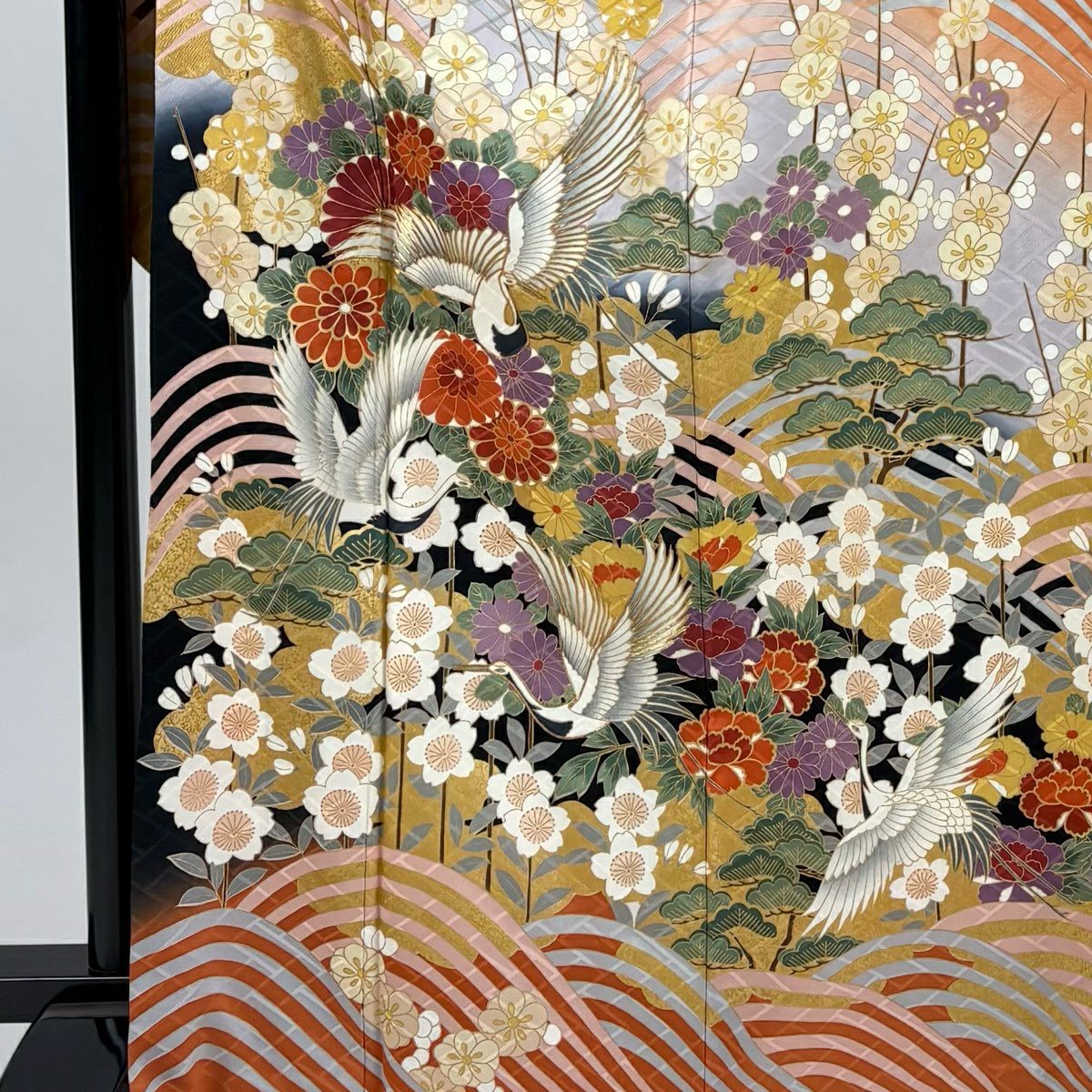 【美品】振袖禮服 身長168cm 袖長66cm M 雙層 仙鶴 菊花 金絲 金銀彩 橙色 純蠶絲 秀品級