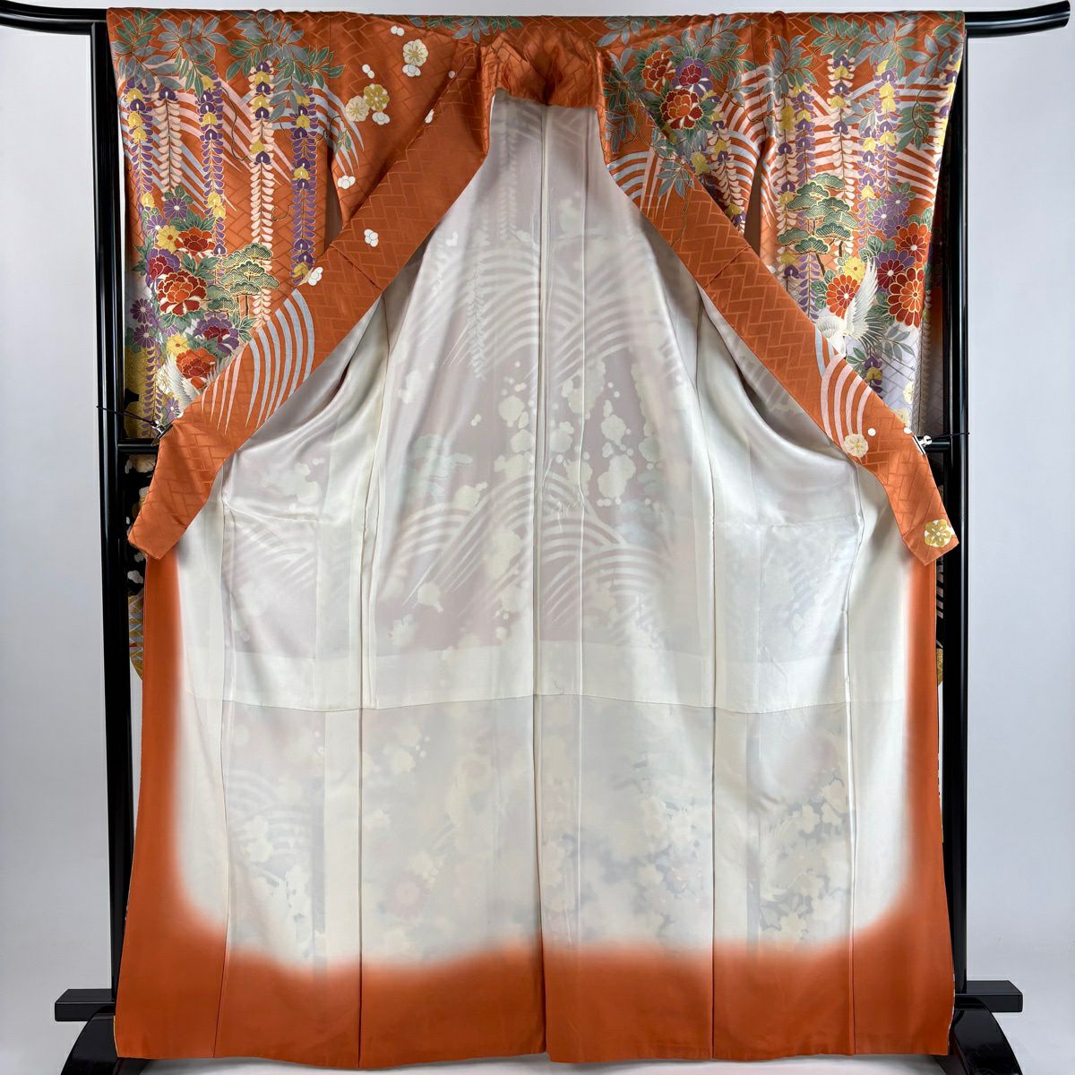 【美品】振袖禮服 身長168cm 袖長66cm M 雙層 仙鶴 菊花 金絲 金銀彩 橙色 純蠶絲 秀品級