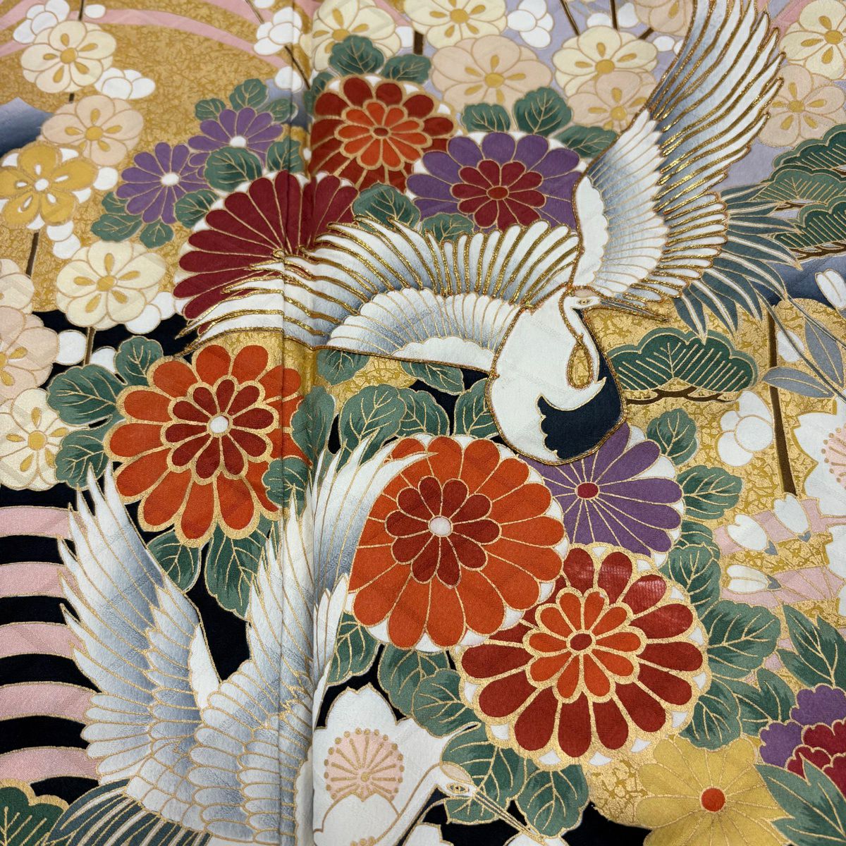 【美品】振袖禮服 身長168cm 袖長66cm M 雙層 仙鶴 菊花 金絲 金銀彩 橙色 純蠶絲 秀品級